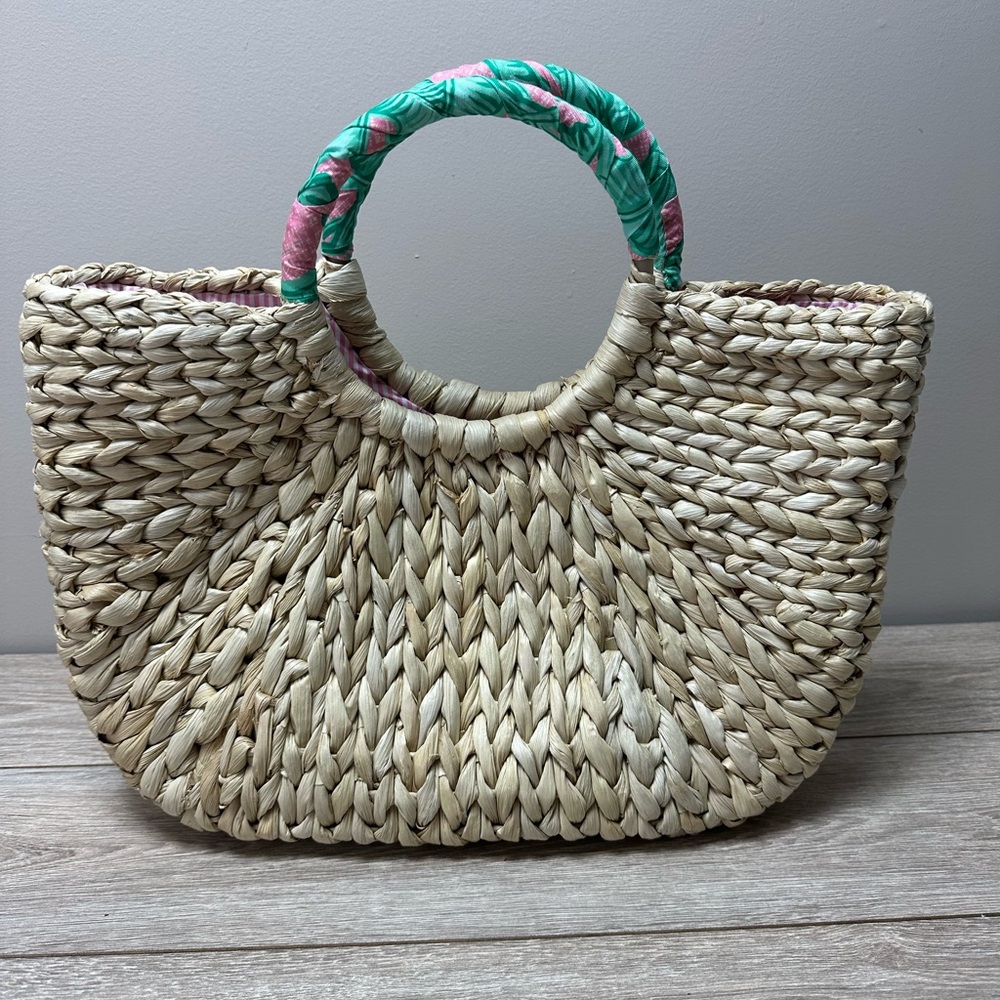 NWT Vineyard Vines Hibiscus Banana Leaf Wrapped Handle Straw Tote Bag